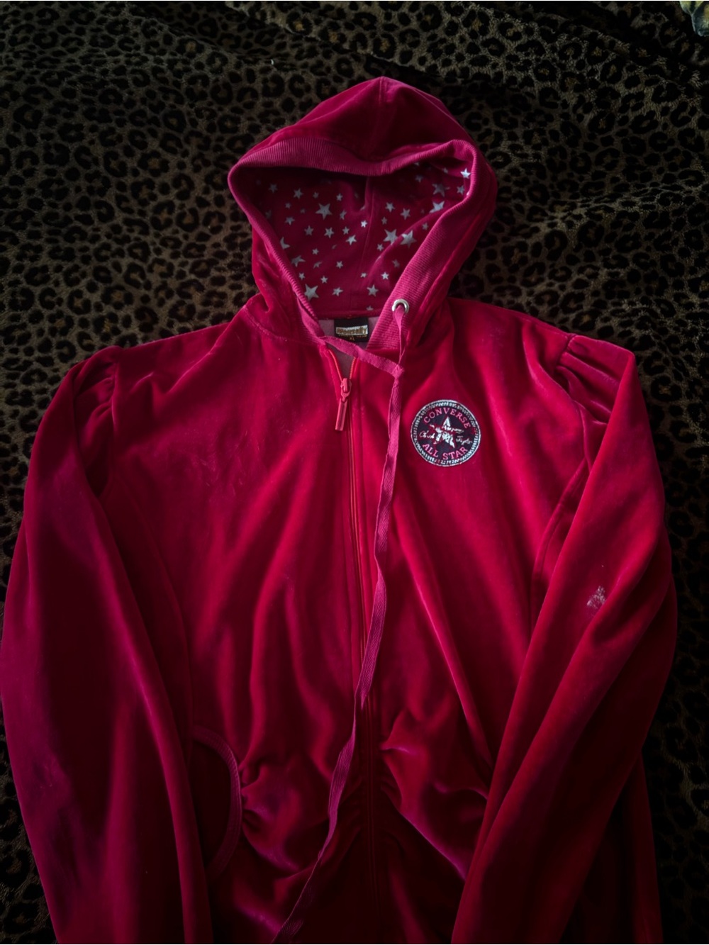 Converse Hot Pink Velour Zip Hoodie with Star-Lined Hood